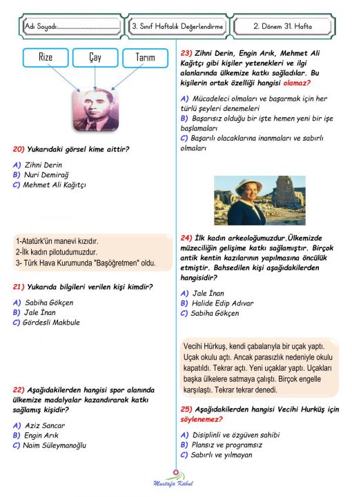  3.sınıf Ülkemize Katkı Yapmış Kişiler