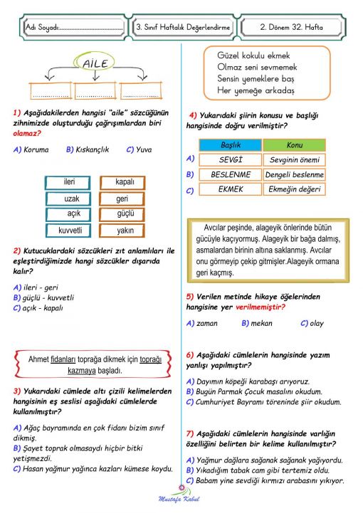  3.Sınıf Türkçe Genel Değerlendirme