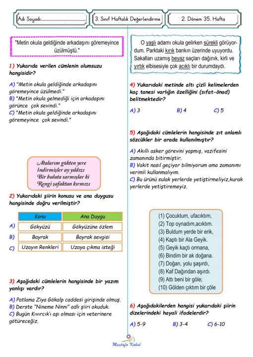  3.Sınıf Türkçe Genel Değerlendirme