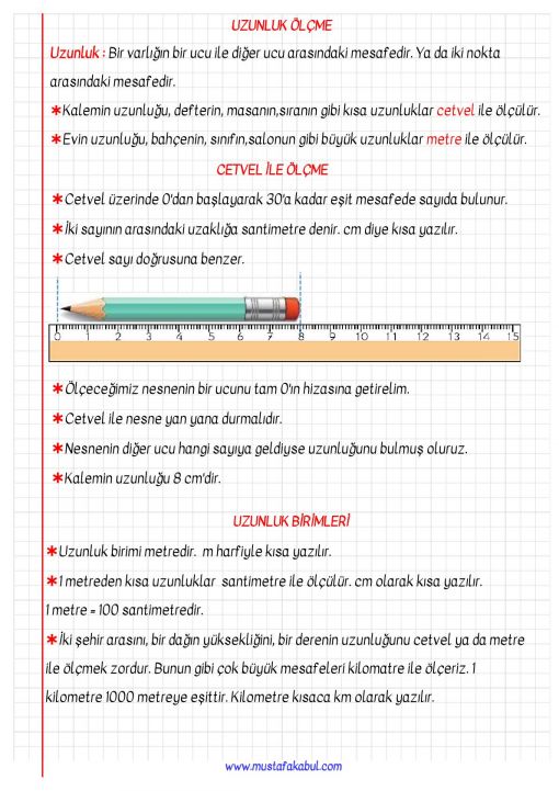  3.Sınıf Uzunluk Ölçme Defter Notu ve Konu Özeti