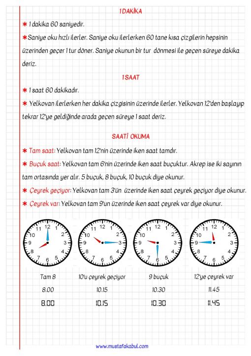  3.Sınıf Zamanı Ölçme Defter Notu ve Konu Özeti