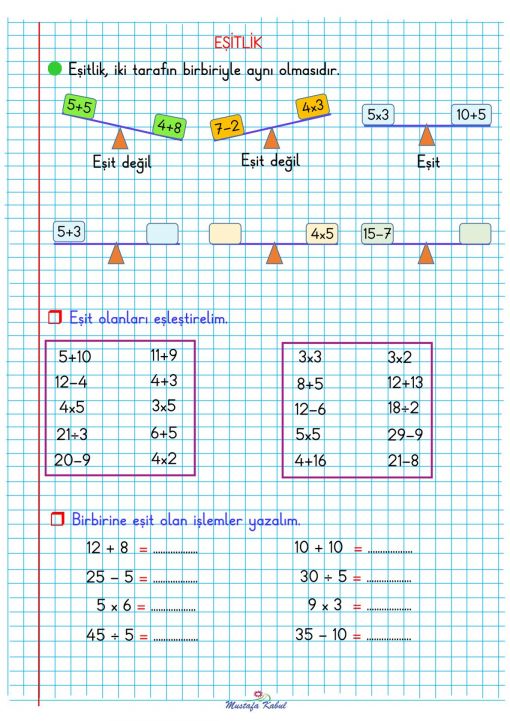 2.Sınıf Dört İşlemde Eşitlik Defter Notu
