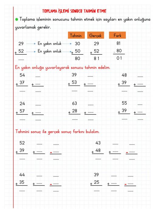  2.Sınıf Toplama İşlemi Sonucu Tahmin Etme Defter Notu