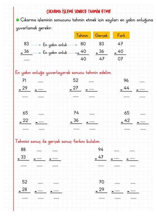  2.Sınıf Çıkarma İşlemi Sonucu Tahmin Etme Defter Notu